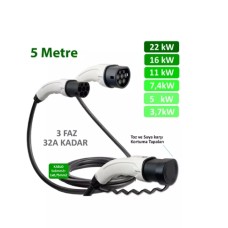 Hgsşarj 5 Metre, Elektrikli Araç Şarj Kablosu 22Kw-16Kw-11Kw-7,4Kw-5Kw-3,7Kw 32A Kadar